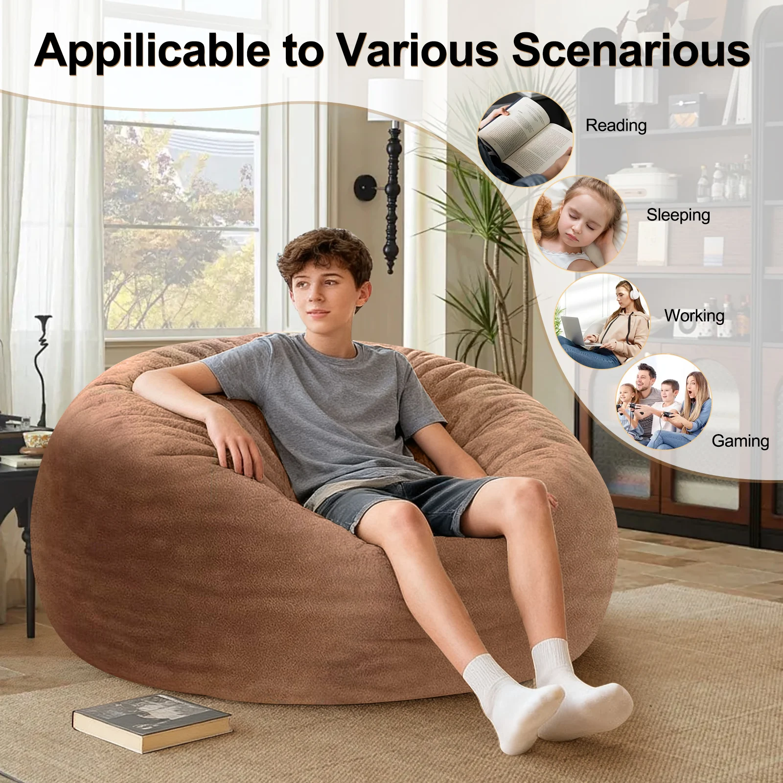 3-in-1 Adult Single Bean Bag Chair Bed, Memory Foam Convertible Lounger, Folds to Floor Mattress, Soft Washable Faux Fur Cover