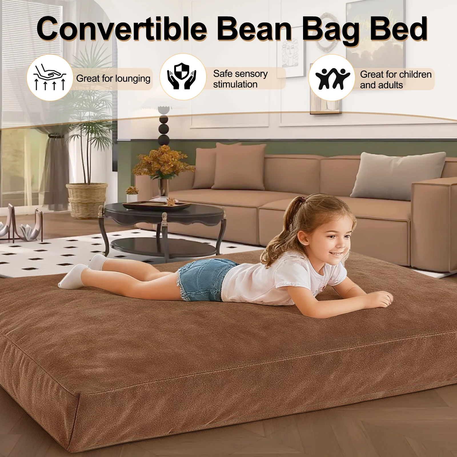 3-in-1 Adult Single Bean Bag Chair Bed, Memory Foam Convertible Lounger, Folds to Floor Mattress, Soft Washable Faux Fur Cover