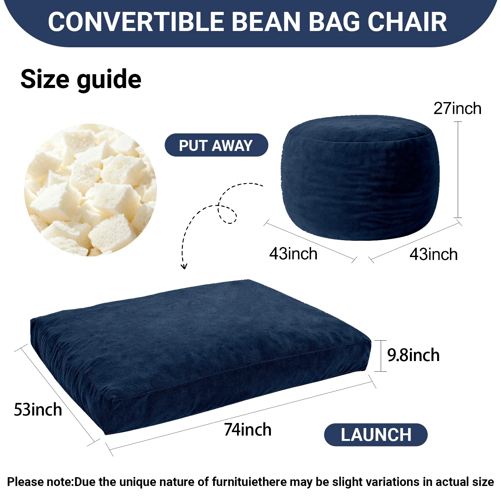 3-in-1 Adult Single Bean Bag Chair Bed, Memory Foam Convertible Lounger, Folds to Floor Mattress, Soft Washable Faux Fur Cover