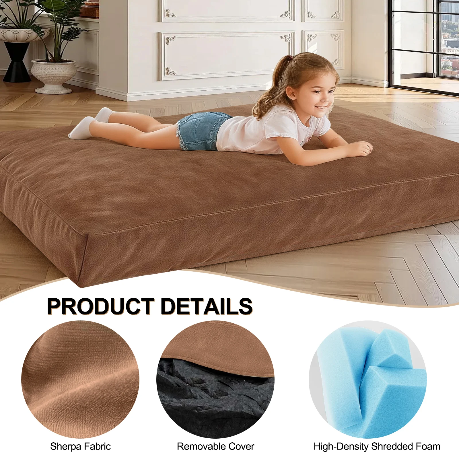 3-in-1 Adult Single Bean Bag Chair Bed, Memory Foam Convertible Lounger, Folds to Floor Mattress, Soft Washable Faux Fur Cover