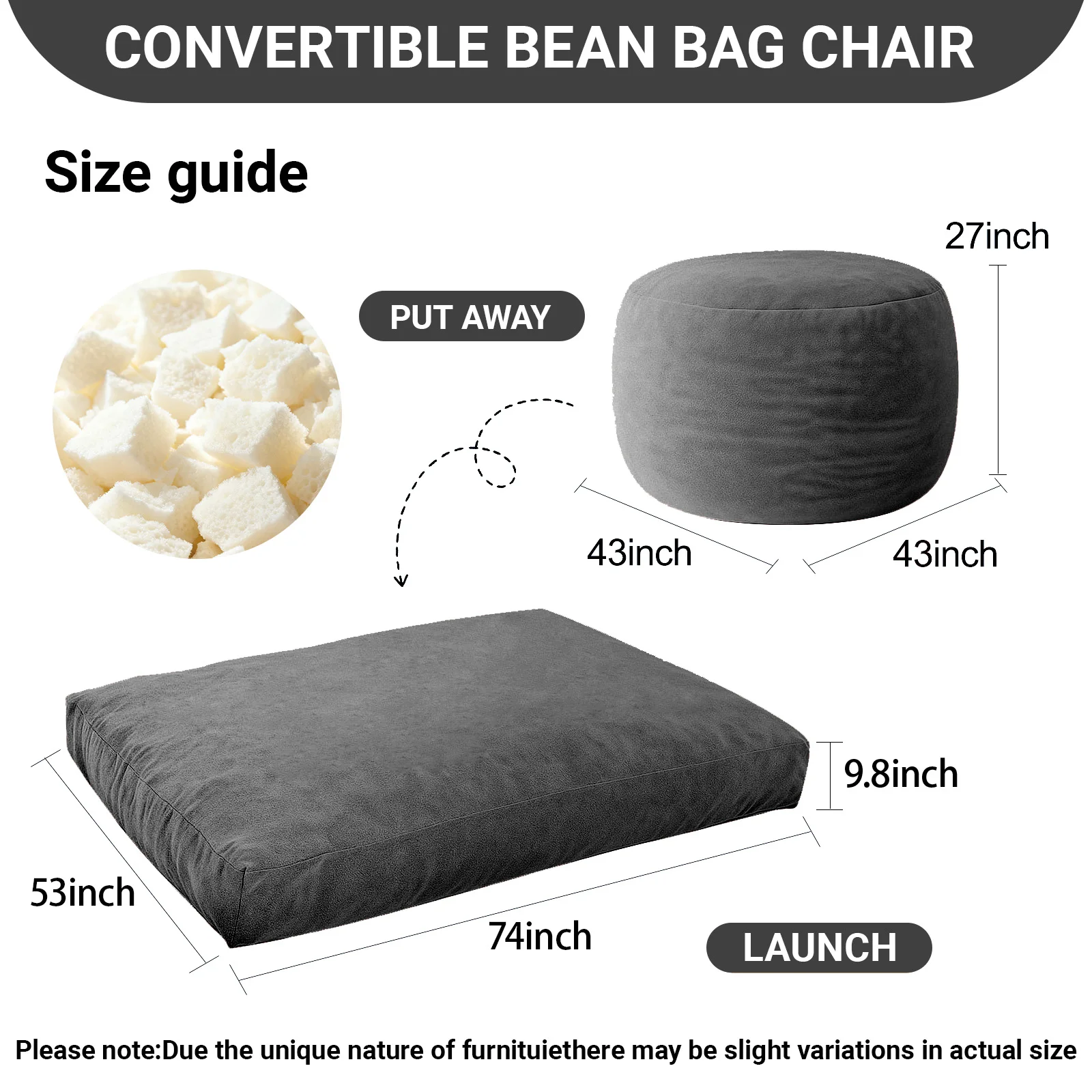 3-in-1 Adult Single Bean Bag Chair Bed, Memory Foam Convertible Lounger, Folds to Floor Mattress, Soft Washable Faux Fur Cover