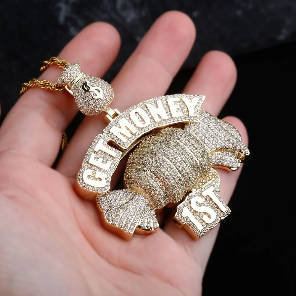 GUCY  Get Money Pendant Necklace Charms Tennis Chain Gold Color Cubic Zircon Men's Hip Hop Jewelry