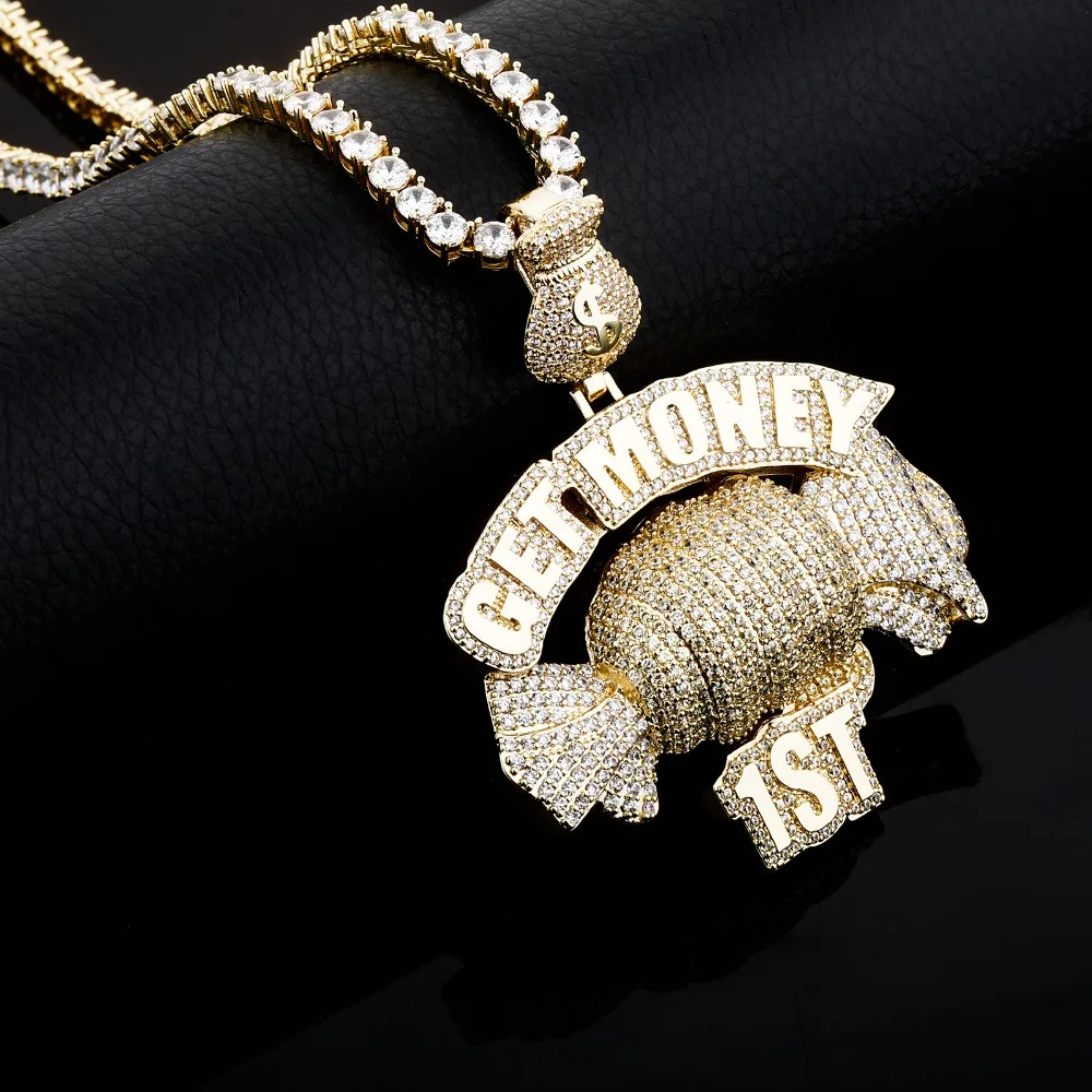 GUCY  Get Money Pendant Necklace Charms Tennis Chain Gold Color Cubic Zircon Men's Hip Hop Jewelry
