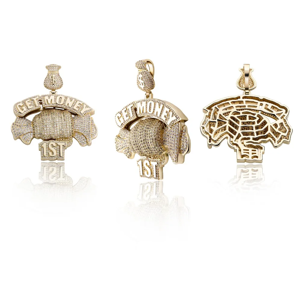 GUCY  Get Money Pendant Necklace Charms Tennis Chain Gold Color Cubic Zircon Men's Hip Hop Jewelry