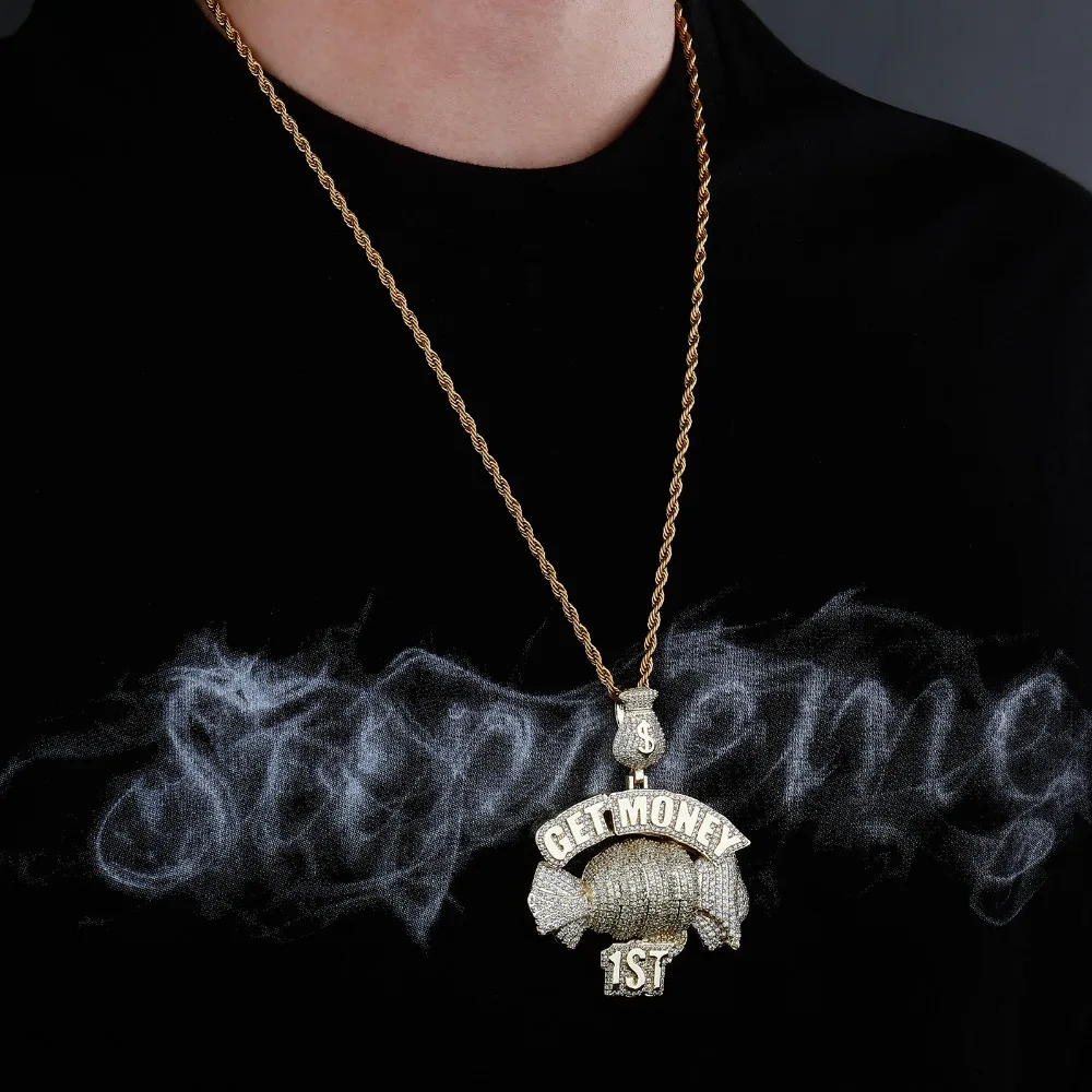 GUCY  Get Money Pendant Necklace Charms Tennis Chain Gold Color Cubic Zircon Men's Hip Hop Jewelry
