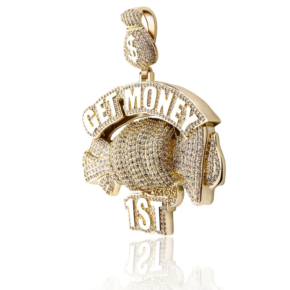 GUCY  Get Money Pendant Necklace Charms Tennis Chain Gold Color Cubic Zircon Men's Hip Hop Jewelry