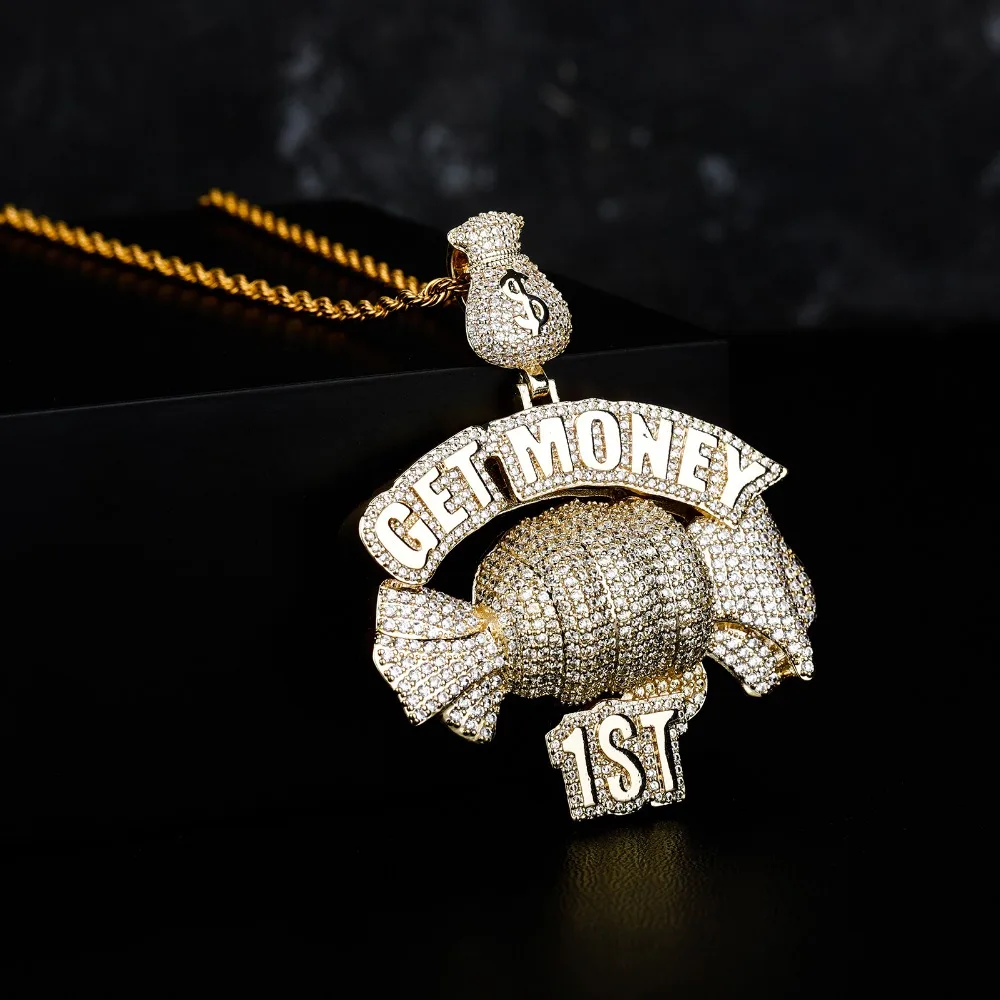 GUCY  Get Money Pendant Necklace Charms Tennis Chain Gold Color Cubic Zircon Men's Hip Hop Jewelry