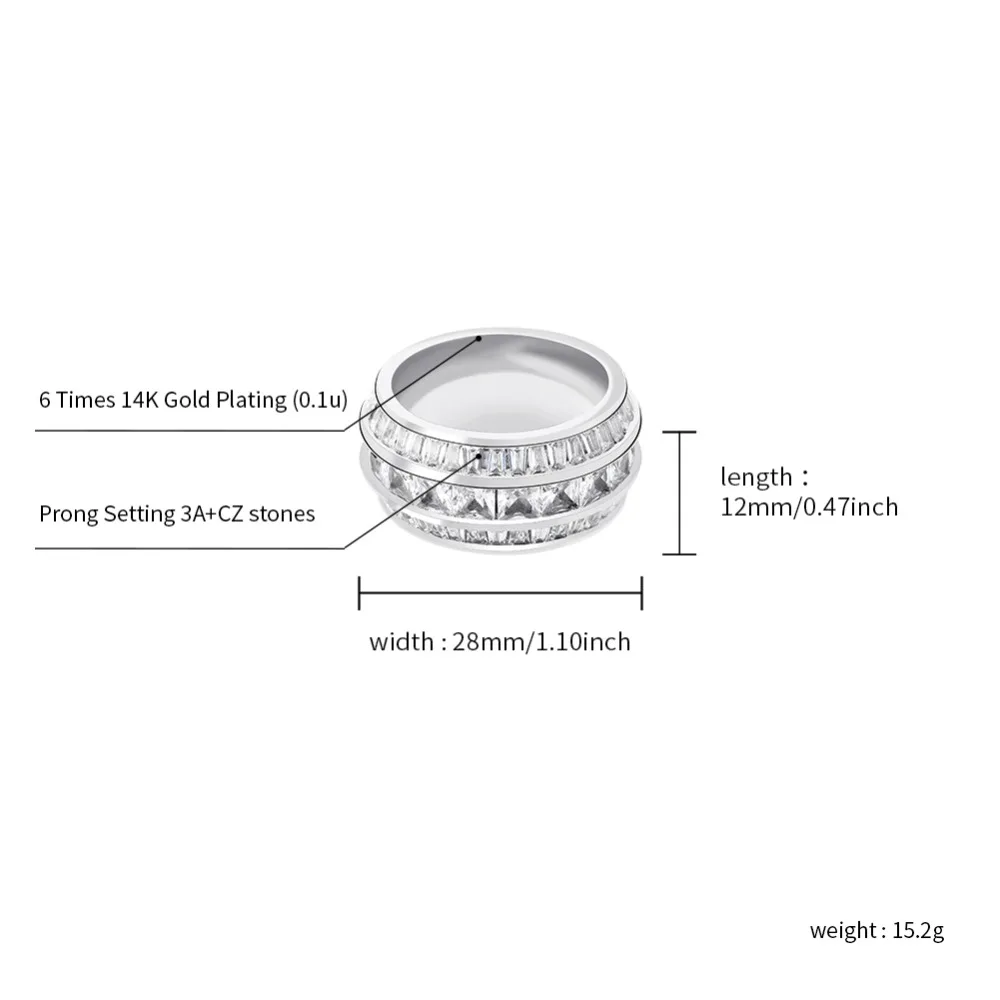 GUCY Bling Baguette Zircon Men's Ring Copper Charm Gold Silver Color Party RING Fashion Hip Hop Rock Jewelry