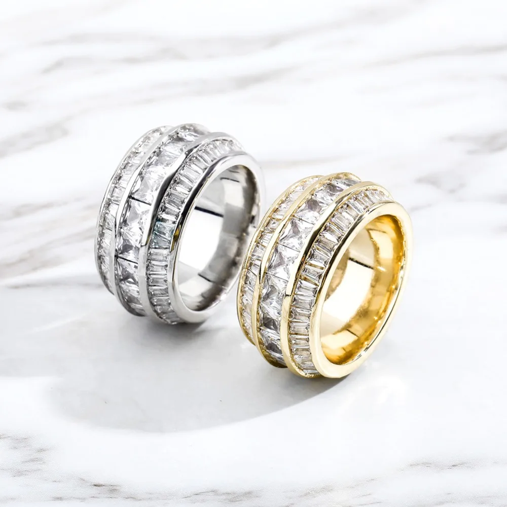 GUCY Bling Baguette Zircon Men's Ring Copper Charm Gold Silver Color Party RING Fashion Hip Hop Rock Jewelry
