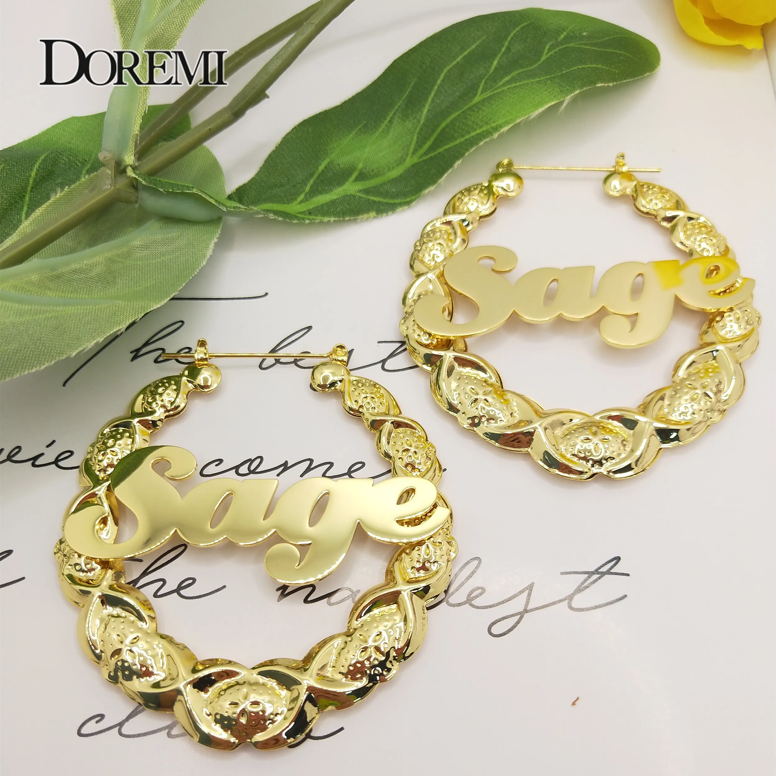 DOREMI 65mm XOXO Custom Name Bamboo Hoop Earrings Stainless Steel Custom Symbol Earrings Custom Bamboo Earring for Women Gif