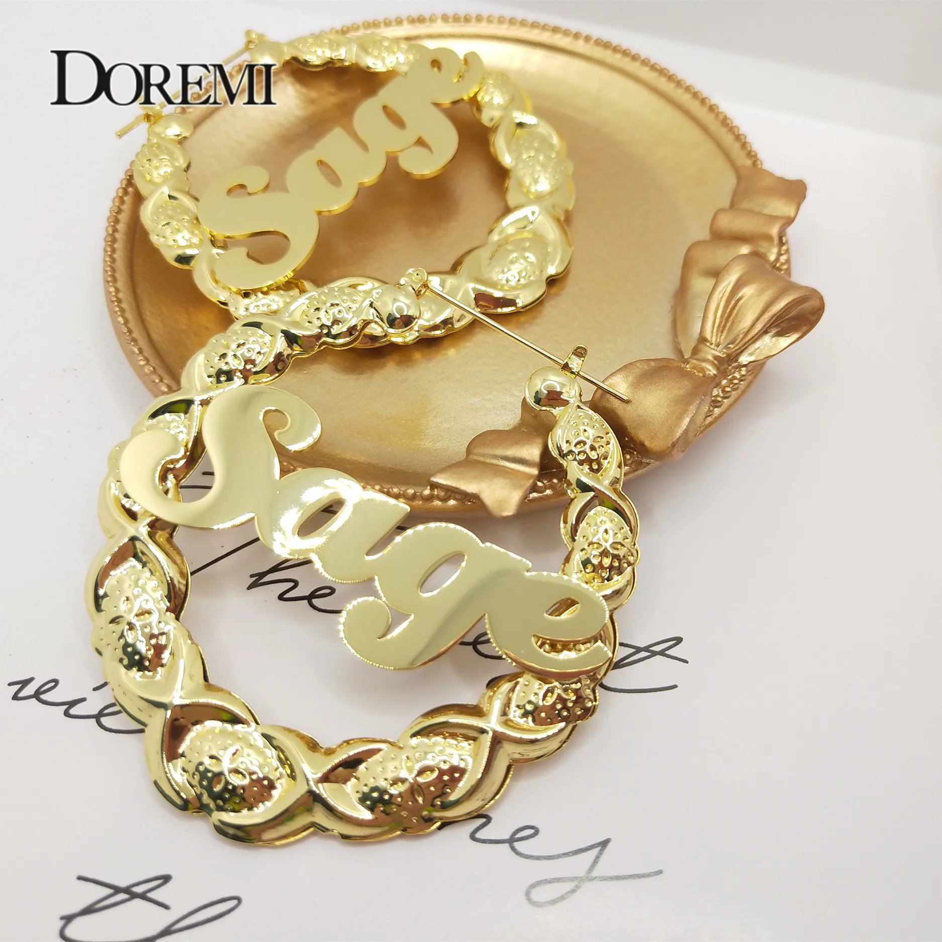 DOREMI 65mm XOXO Custom Name Bamboo Hoop Earrings Stainless Steel Custom Symbol Earrings Custom Bamboo Earring for Women Gif