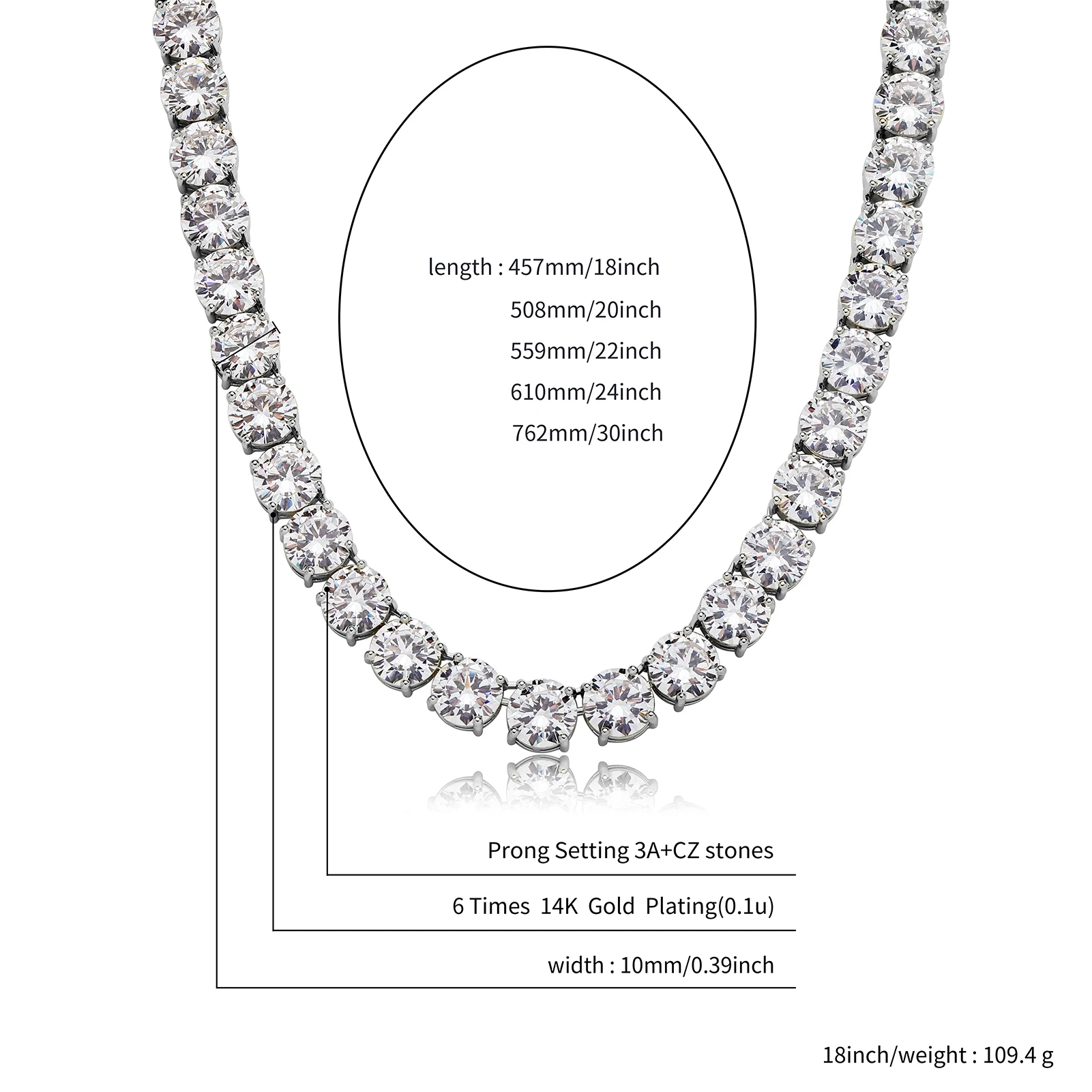 GUCY High Quality 10mm Tennis Chain Mens Zircon 1 Row CZ Iced Out Necklace Copper Hip Hop Jewelry Wholesale