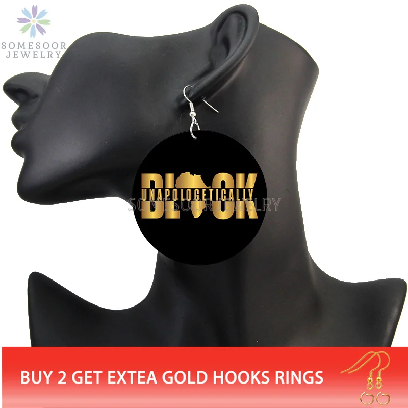 SOMESOOR Black Woman Excellence Dope Pride Wooden Drop Earrings Unapologetically African Map Design Loops Dangle For Lady Gifts
