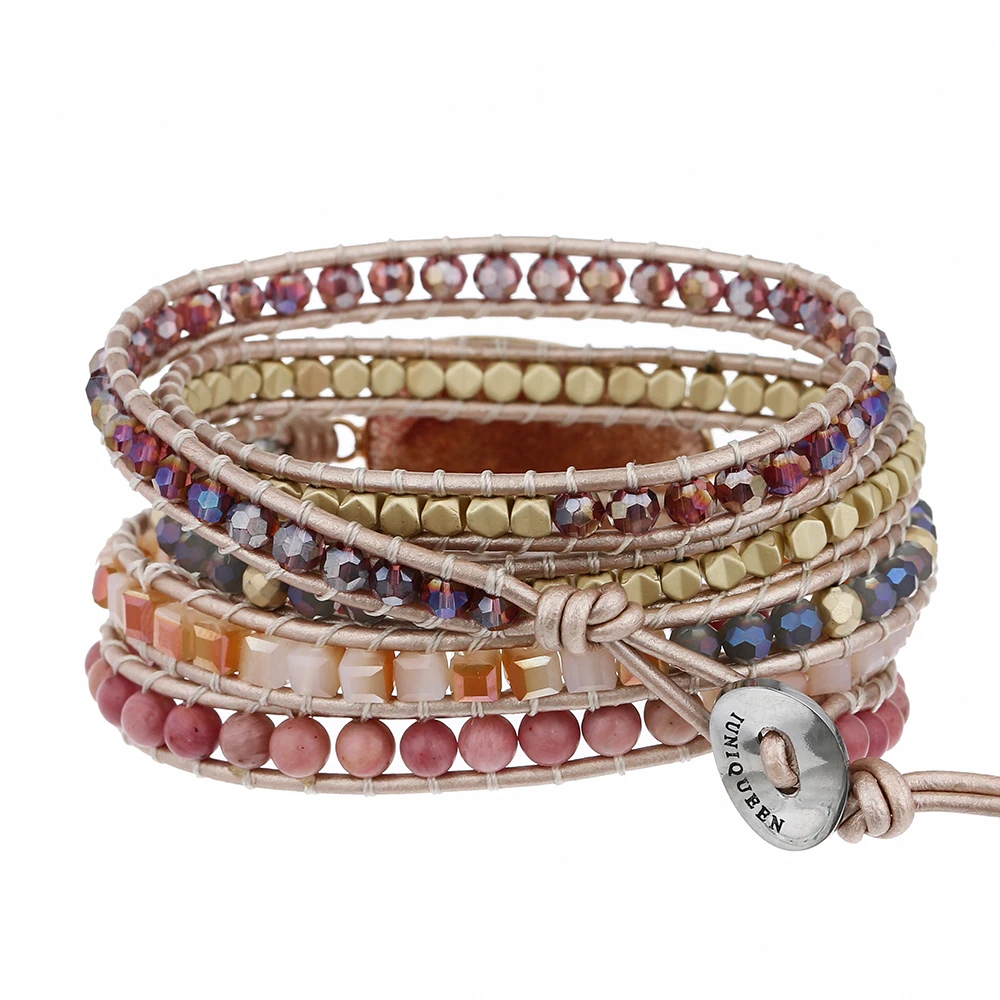 Strawberry Quartz Crystal Stone Wrap Bracelet for Women Natural Gemstone Beaded Real Leather Handmade Strand Bracelet for Lover