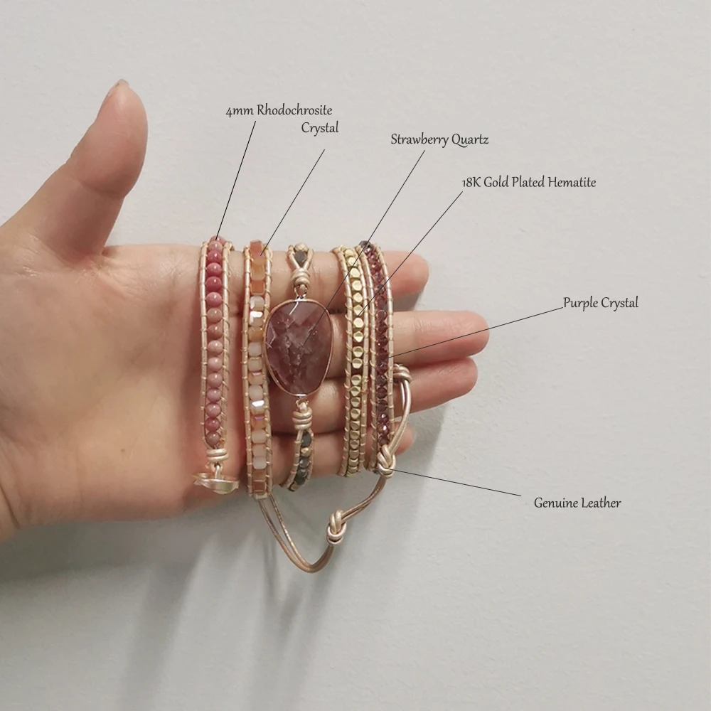 Strawberry Quartz Crystal Stone Wrap Bracelet for Women Natural Gemstone Beaded Real Leather Handmade Strand Bracelet for Lover