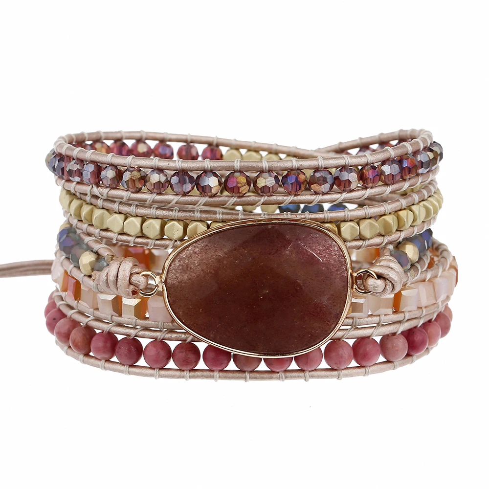 Strawberry Quartz Crystal Stone Wrap Bracelet for Women Natural Gemstone Beaded Real Leather Handmade Strand Bracelet for Lover