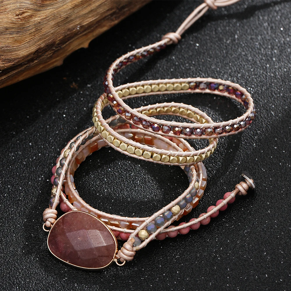 Strawberry Quartz Crystal Stone Wrap Bracelet for Women Natural Gemstone Beaded Real Leather Handmade Strand Bracelet for Lover