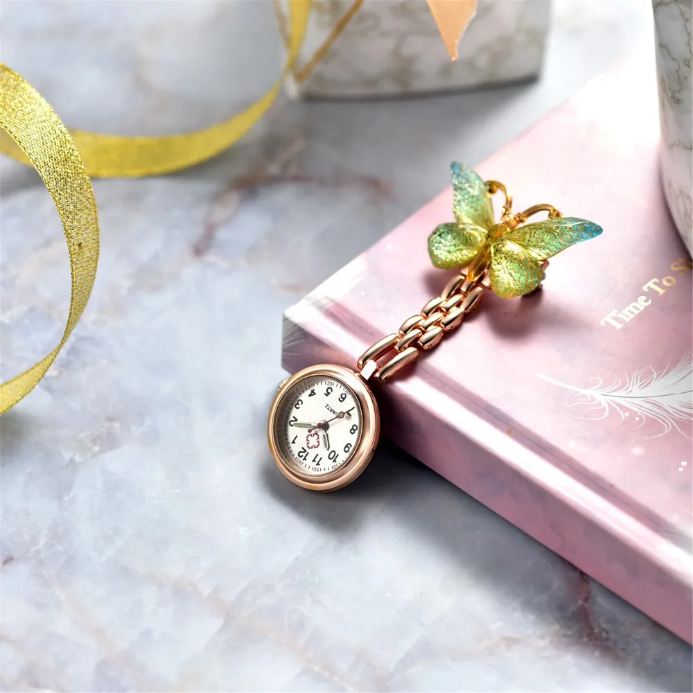 LANCARDO New Arrival Lovely Crystal Butterfly Pocket Medical Nurse Watch 3 Color Pendant Hanging Quartz Clock relogio de bolso
