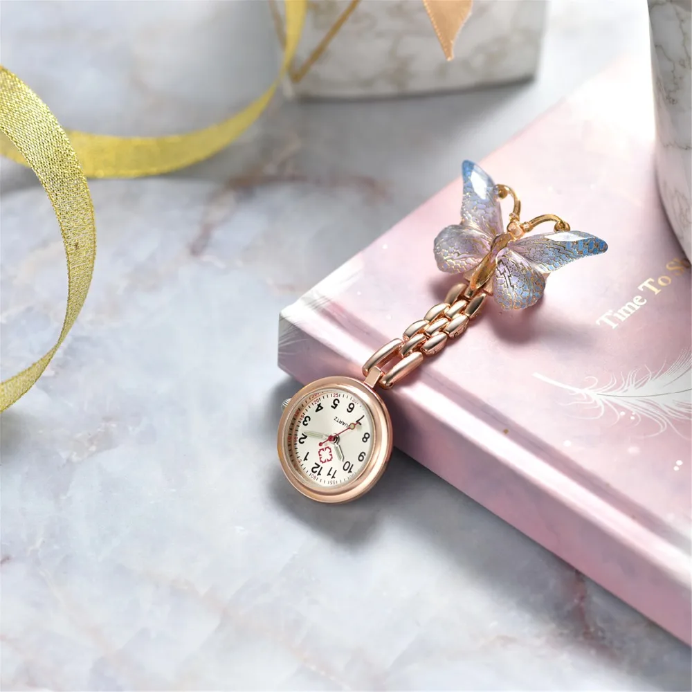 LANCARDO New Arrival Lovely Crystal Butterfly Pocket Medical Nurse Watch 3 Color Pendant Hanging Quartz Clock relogio de bolso