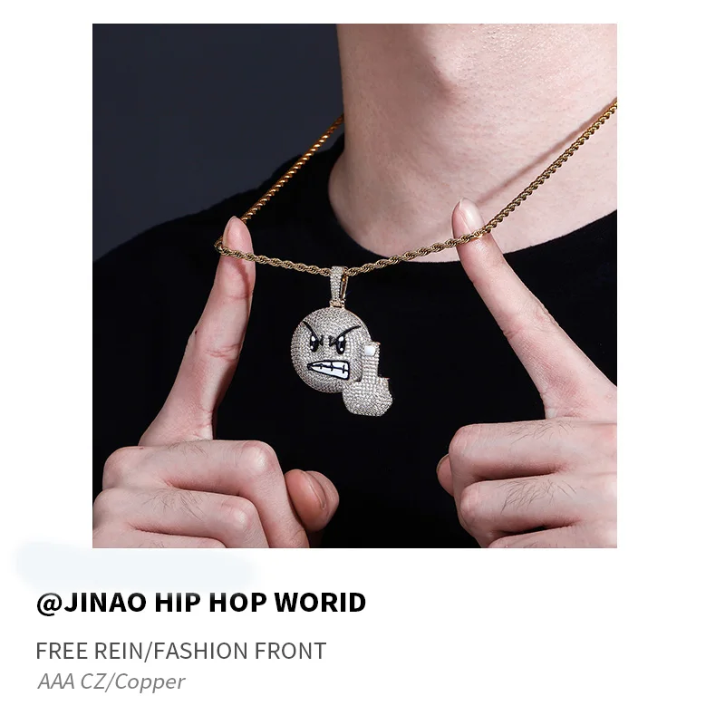JINAO New Angry Expression Hip Hop Fashion Pendant Necklace High Quality Iced Out Micropavé Cubic Zirconia Jewelry For Gift