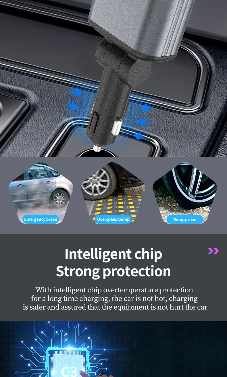 Super Fast Car Phone Charger 66W Car Phone Charger with Retractable Cables USB and Type-C Port 4 IN 1 Retractable Car Charger B1