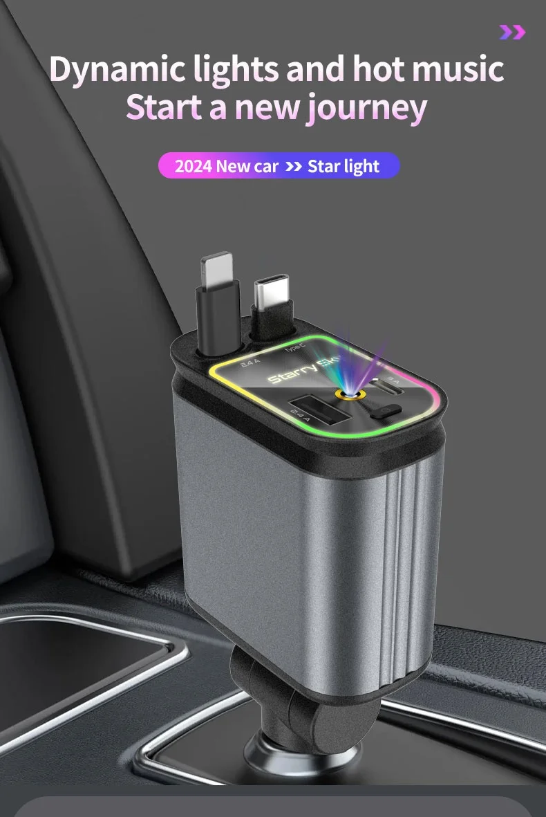 Super Fast Car Phone Charger 66W Car Phone Charger with Retractable Cables USB and Type-C Port 4 IN 1 Retractable Car Charger B1