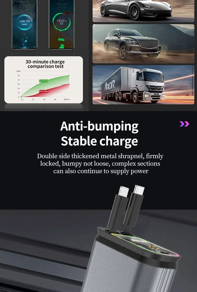 Super Fast Car Phone Charger 66W Car Phone Charger with Retractable Cables USB and Type-C Port 4 IN 1 Retractable Car Charger B1