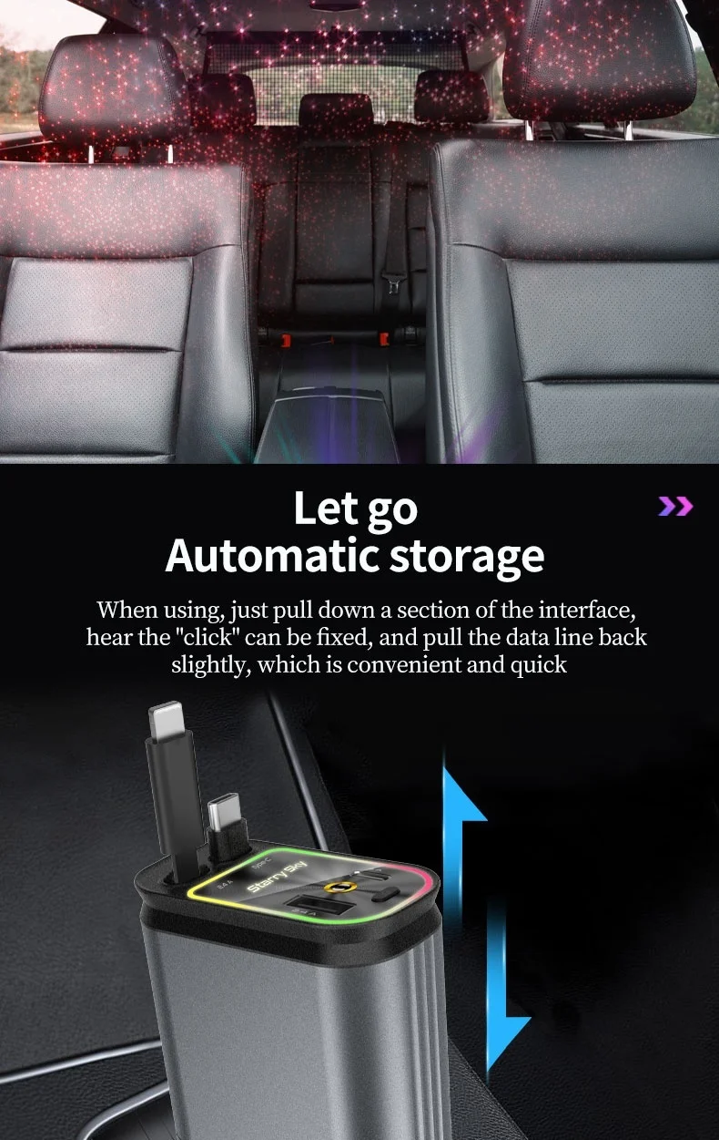 Super Fast Car Phone Charger 66W Car Phone Charger with Retractable Cables USB and Type-C Port 4 IN 1 Retractable Car Charger B1