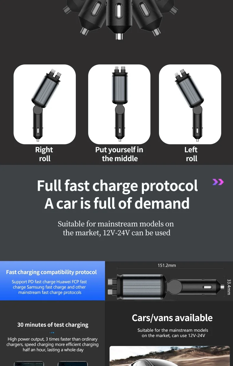 Super Fast Car Phone Charger 66W Car Phone Charger with Retractable Cables USB and Type-C Port 4 IN 1 Retractable Car Charger B1