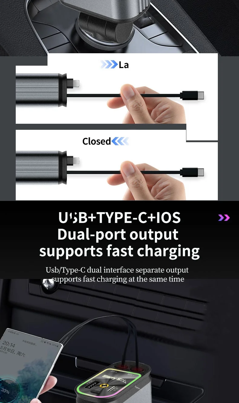Super Fast Car Phone Charger 66W Car Phone Charger with Retractable Cables USB and Type-C Port 4 IN 1 Retractable Car Charger B1
