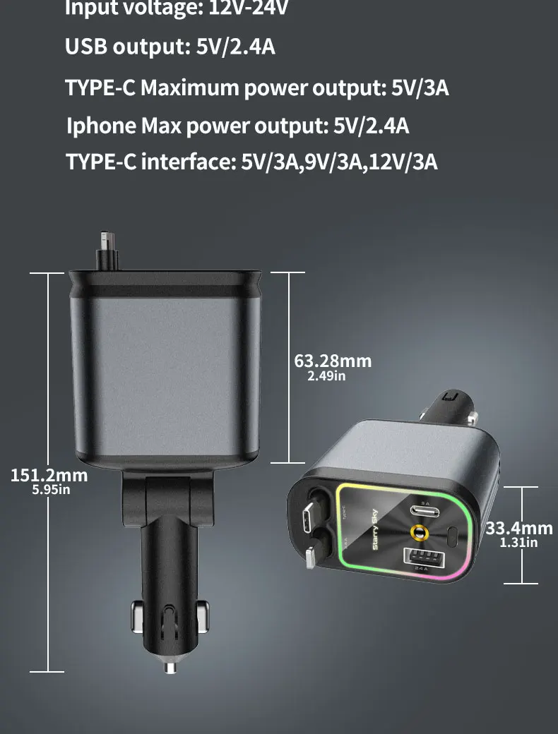 Super Fast Car Phone Charger 66W Car Phone Charger with Retractable Cables USB and Type-C Port 4 IN 1 Retractable Car Charger B1