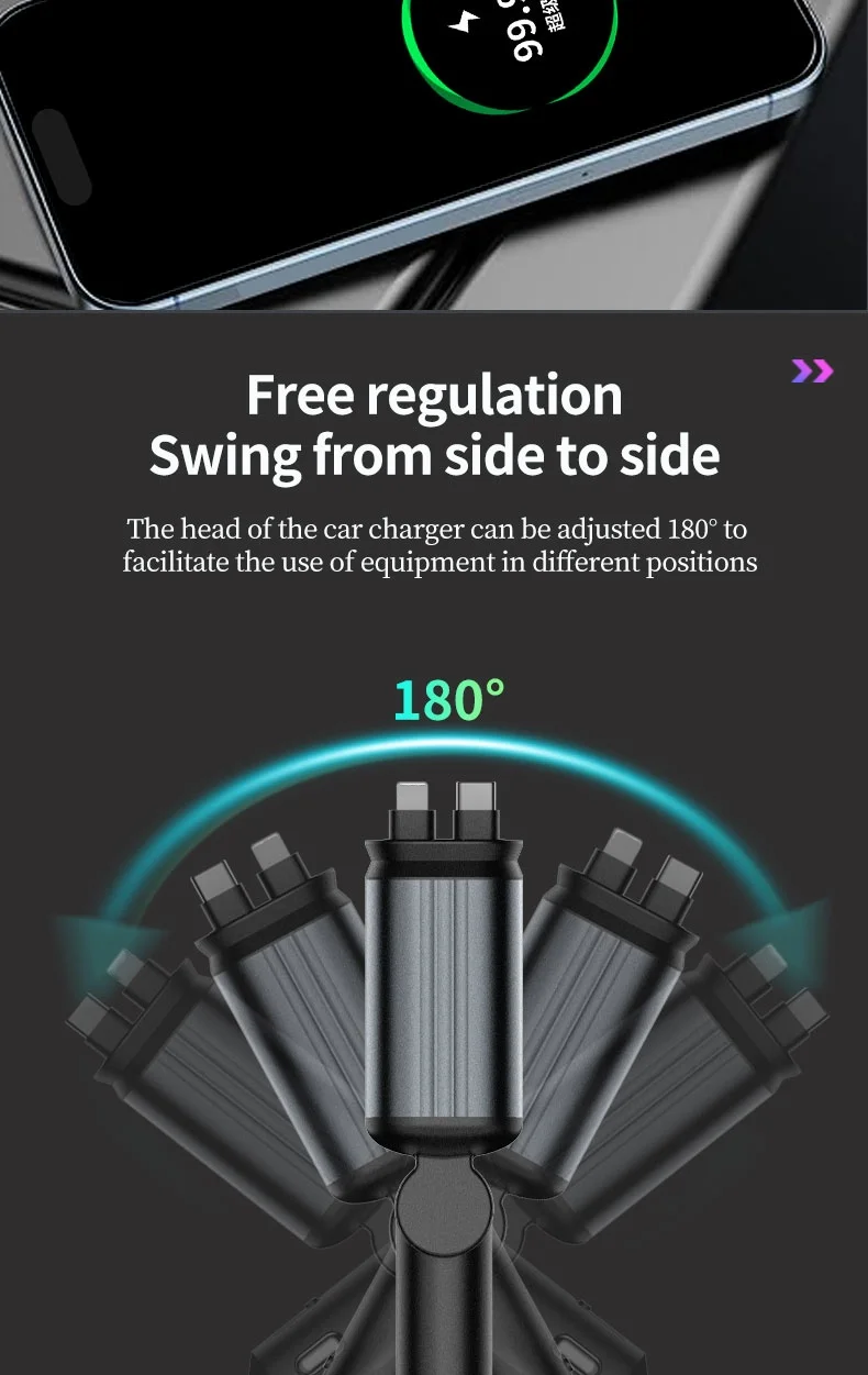 Super Fast Car Phone Charger 66W Car Phone Charger with Retractable Cables USB and Type-C Port 4 IN 1 Retractable Car Charger B1