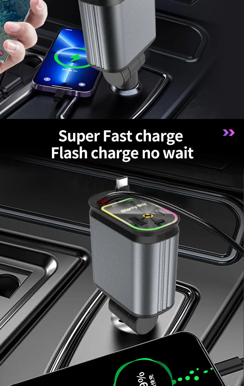 Super Fast Car Phone Charger 66W Car Phone Charger with Retractable Cables USB and Type-C Port 4 IN 1 Retractable Car Charger B1