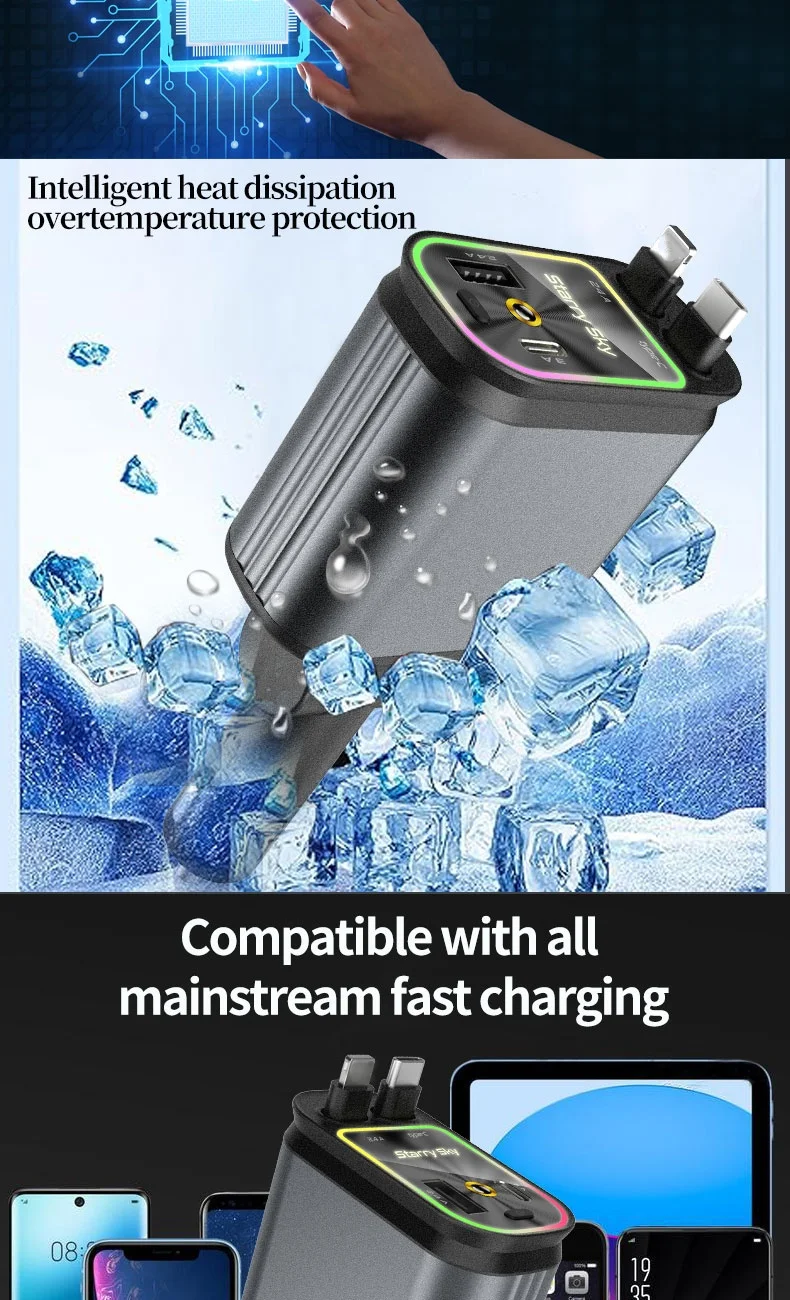 Super Fast Car Phone Charger 66W Car Phone Charger with Retractable Cables USB and Type-C Port 4 IN 1 Retractable Car Charger B1