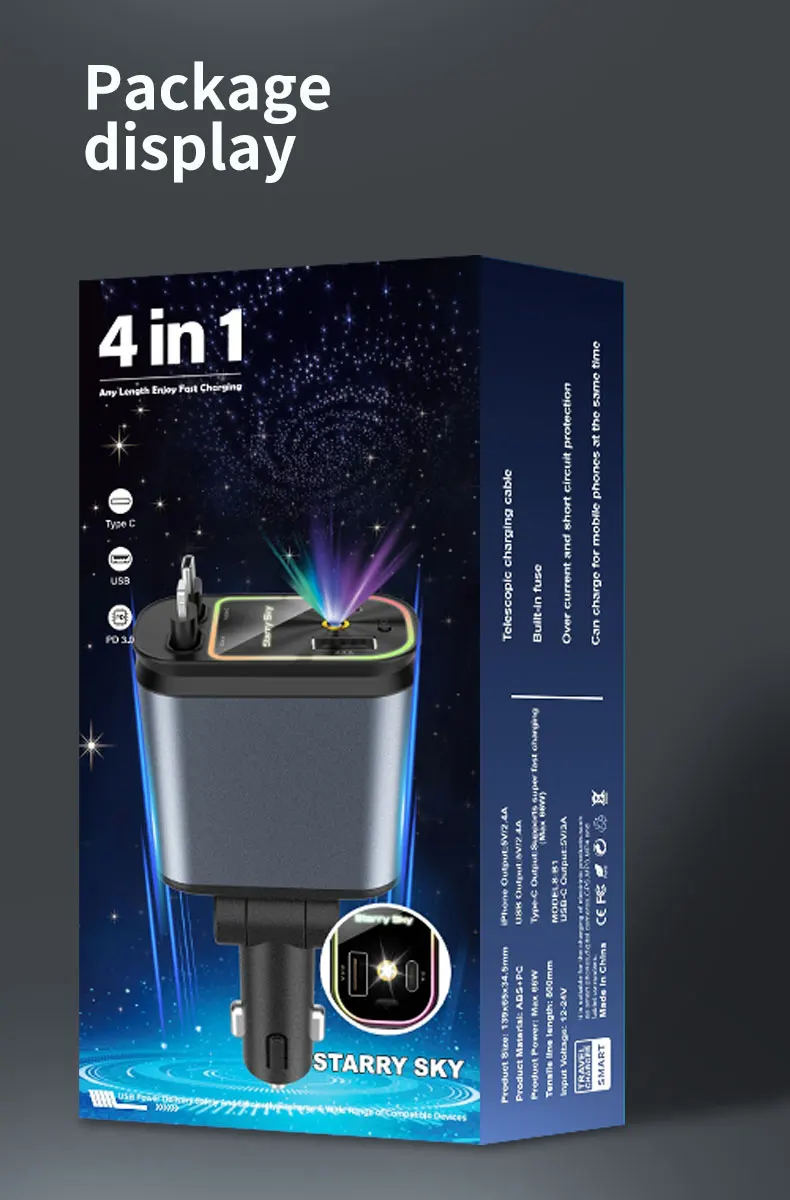 Super Fast Car Phone Charger 66W Car Phone Charger with Retractable Cables USB and Type-C Port 4 IN 1 Retractable Car Charger B1