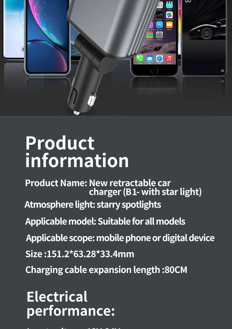 Super Fast Car Phone Charger 66W Car Phone Charger with Retractable Cables USB and Type-C Port 4 IN 1 Retractable Car Charger B1