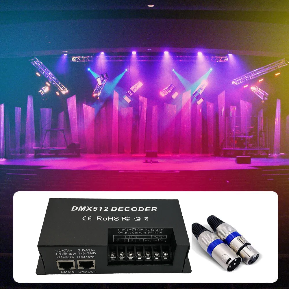 4 & 3 Channel RGBW DMX Decoder with RJ45 and XLR plug & DMX512 Dimmer Driver 20A for DC12-24V PWM LED Strip Light Controller