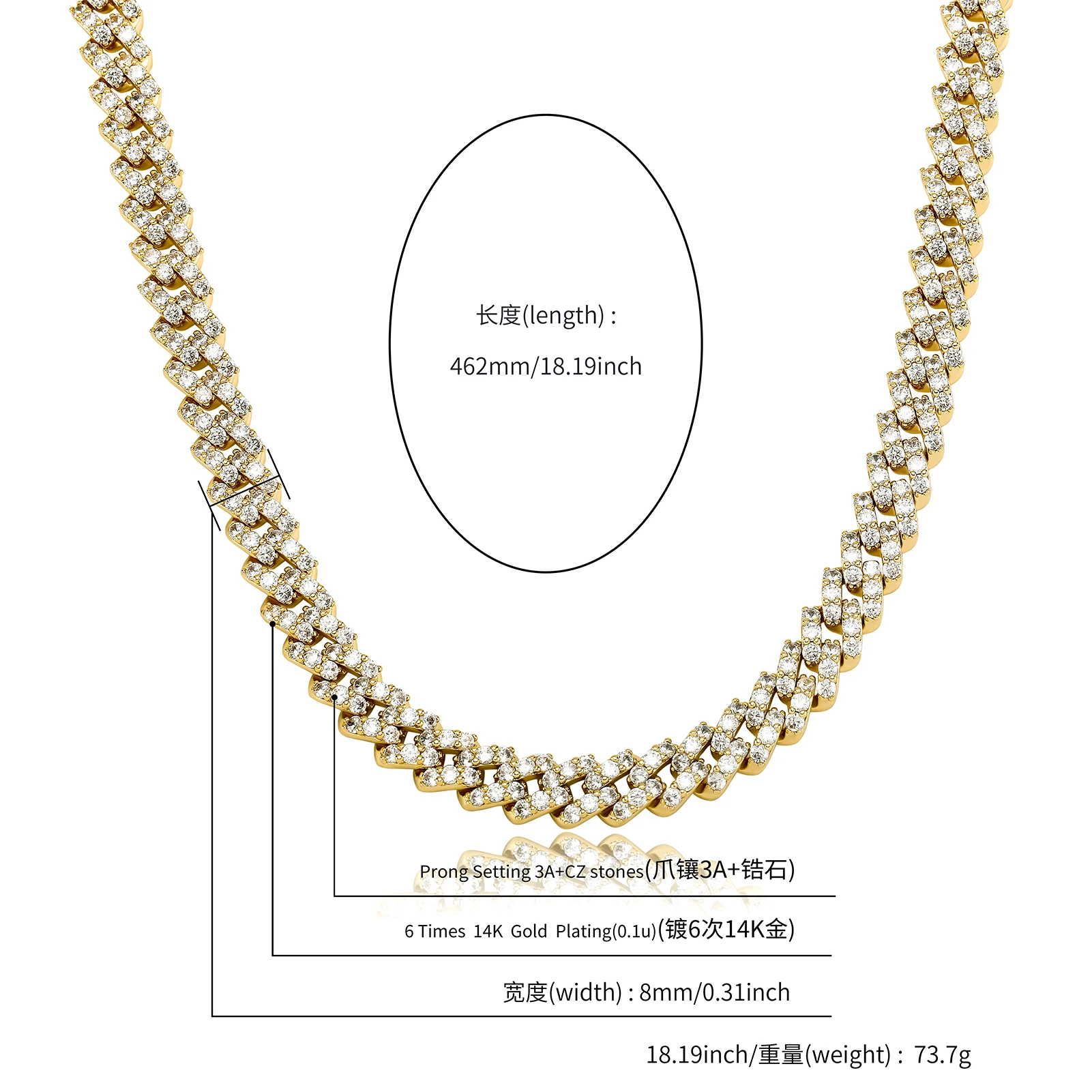 JINAO NEW 8mm Ice Cravejado Cubic Zircon Miami Charm Diamond Shaped Cuban Chain Iced Necklace Men and Women Jewelry For Gift