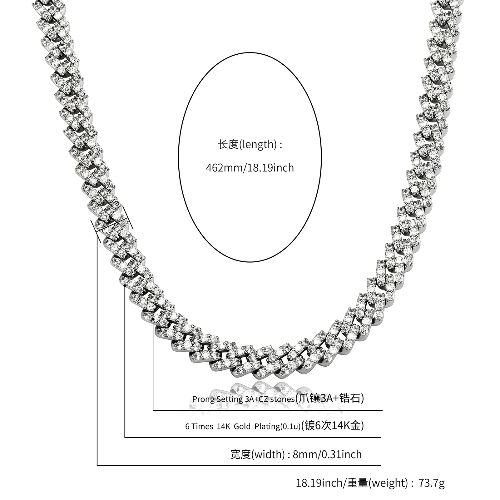JINAO NEW 8mm Ice Cravejado Cubic Zircon Miami Charm Diamond Shaped Cuban Chain Iced Necklace Men and Women Jewelry For Gift