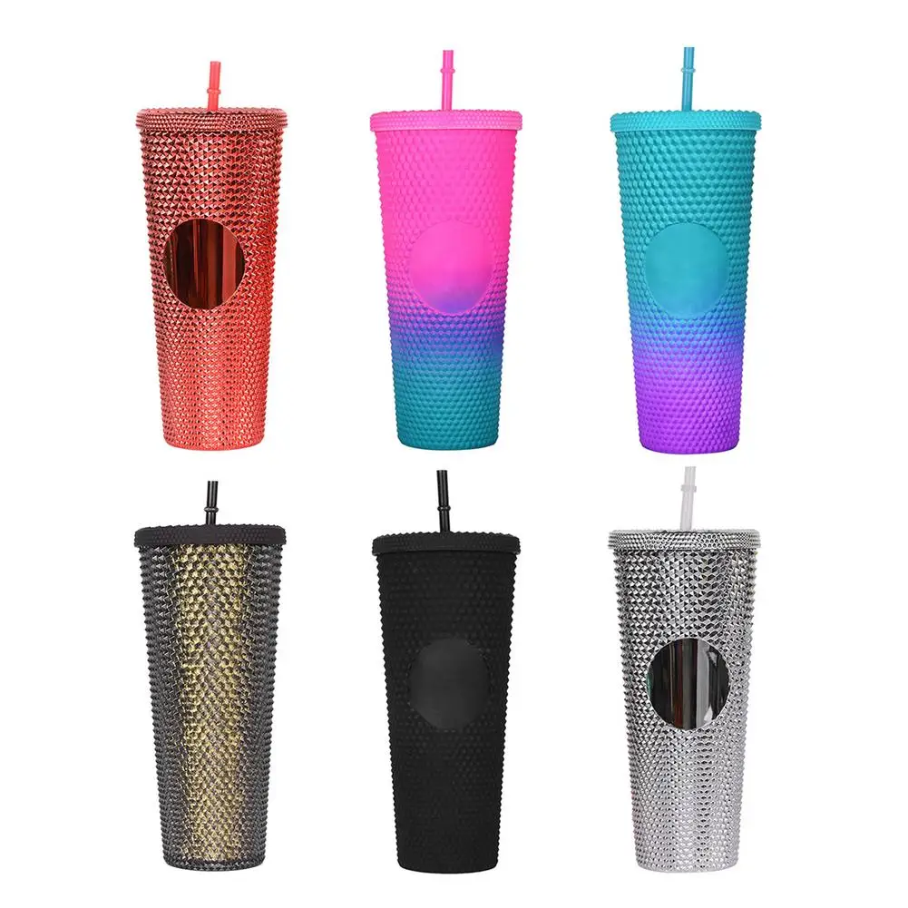 24 Oz Coffee Cup Summer Holiday Cold Water Mug Tumbler Cup With Straw Double Layer Plastic Durian Diamond Radiant Goddess Cups
