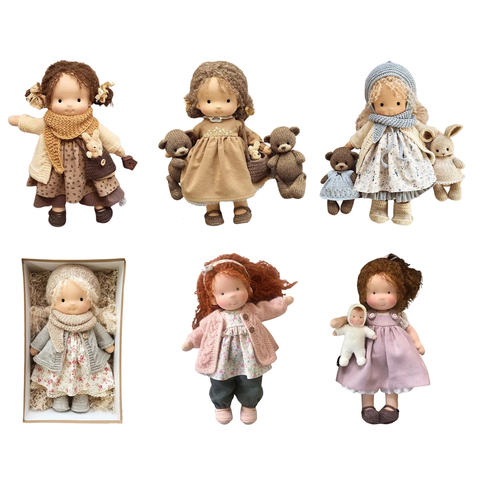 25/30cm Cartoon Cute Doll Knitting Wool Hair Head Girl Dolls With Dress Clothes Handmade Soft Stuffed Doll Girls Best Gift