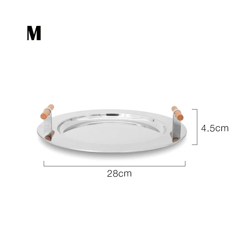 Stainless Steel Round Tray Nordic Wood Handle Storage Put Tea Cup Plate Jewelry Display Serving Tray Cosmetic Storage organizer