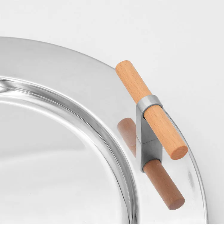 Stainless Steel Round Tray Nordic Wood Handle Storage Put Tea Cup Plate Jewelry Display Serving Tray Cosmetic Storage organizer