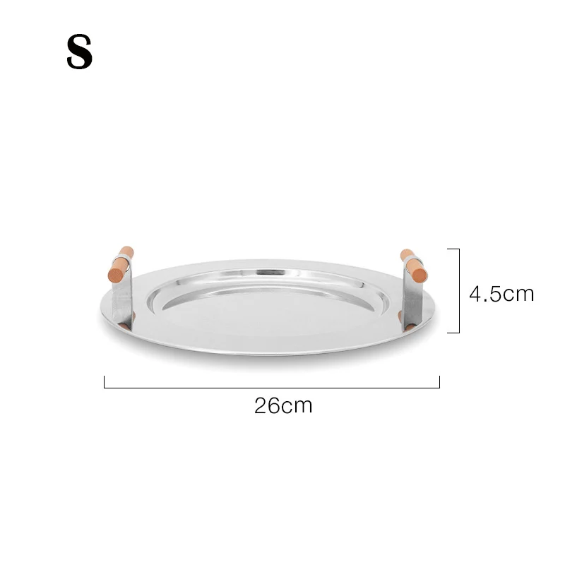 Stainless Steel Round Tray Nordic Wood Handle Storage Put Tea Cup Plate Jewelry Display Serving Tray Cosmetic Storage organizer
