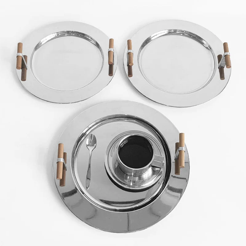 Stainless Steel Round Tray Nordic Wood Handle Storage Put Tea Cup Plate Jewelry Display Serving Tray Cosmetic Storage organizer