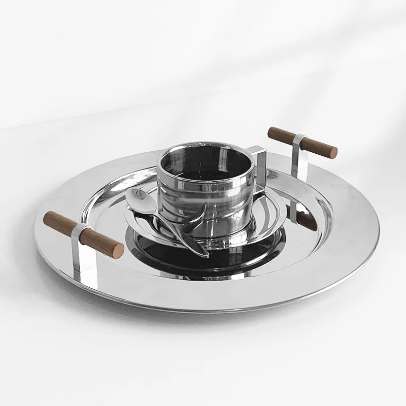 Stainless Steel Round Tray Nordic Wood Handle Storage Put Tea Cup Plate Jewelry Display Serving Tray Cosmetic Storage organizer