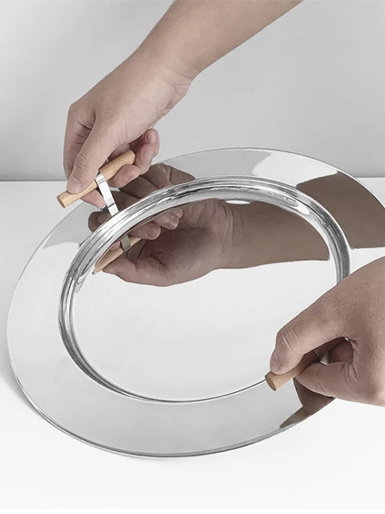 Stainless Steel Round Tray Nordic Wood Handle Storage Put Tea Cup Plate Jewelry Display Serving Tray Cosmetic Storage organizer