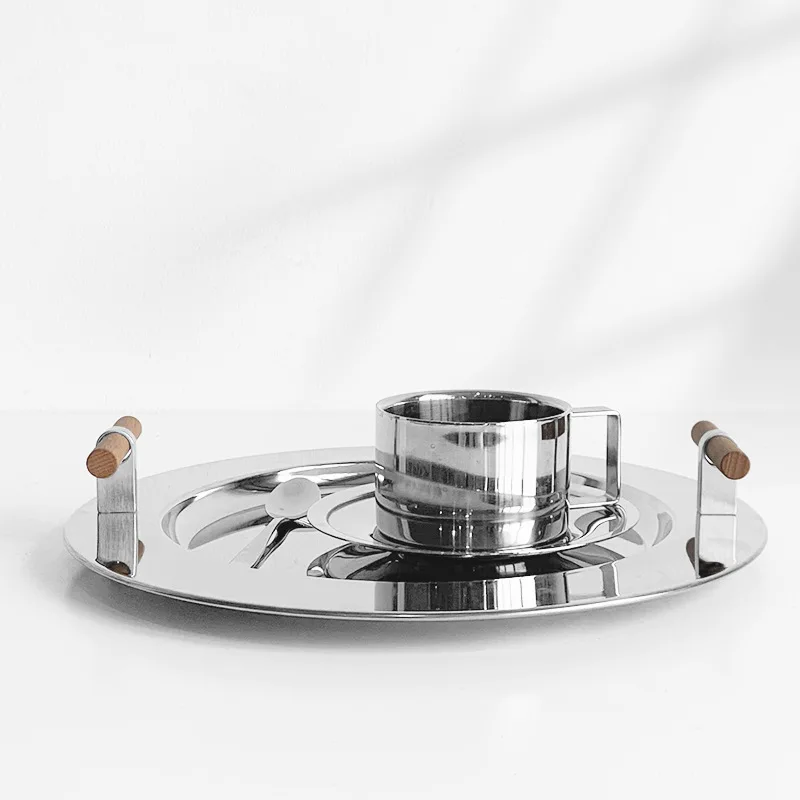 Stainless Steel Round Tray Nordic Wood Handle Storage Put Tea Cup Plate Jewelry Display Serving Tray Cosmetic Storage organizer