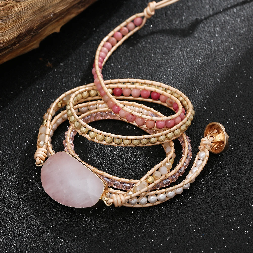 Real Leather Handwoven Natural Pink Stone Crystal Bead Wrap Bracelet Women Love Gemstone Boho Style Stone Strand Bracelets