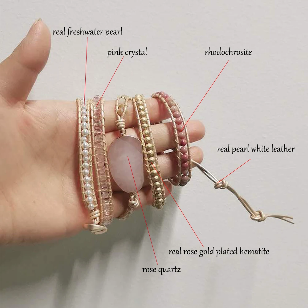 Real Leather Handwoven Natural Pink Stone Crystal Bead Wrap Bracelet Women Love Gemstone Boho Style Stone Strand Bracelets
